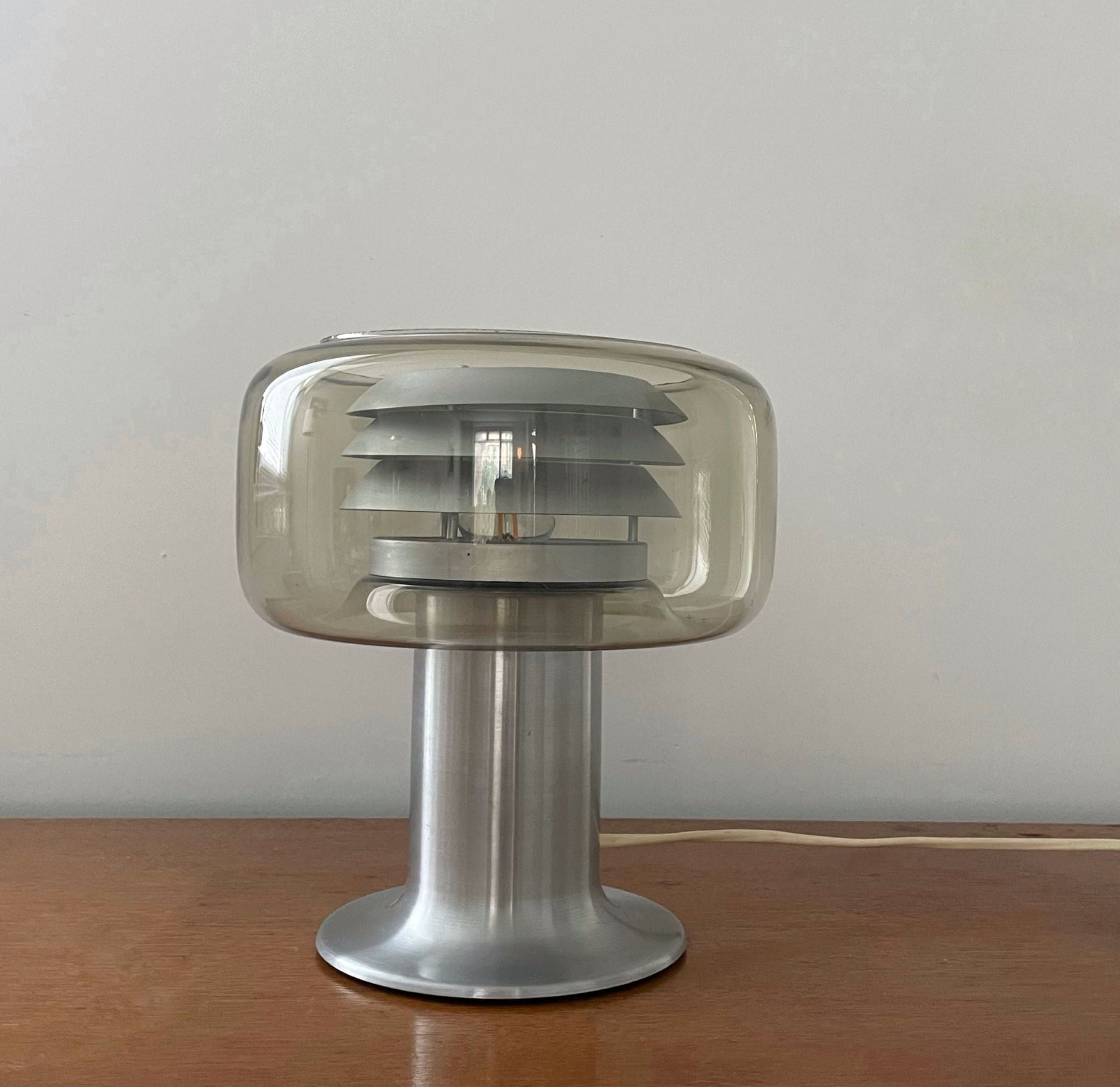 Vintage aluminium table lamp with smoke glass shade by Lakro, The Netherlands, 1960s - COLLECTORS RDAM