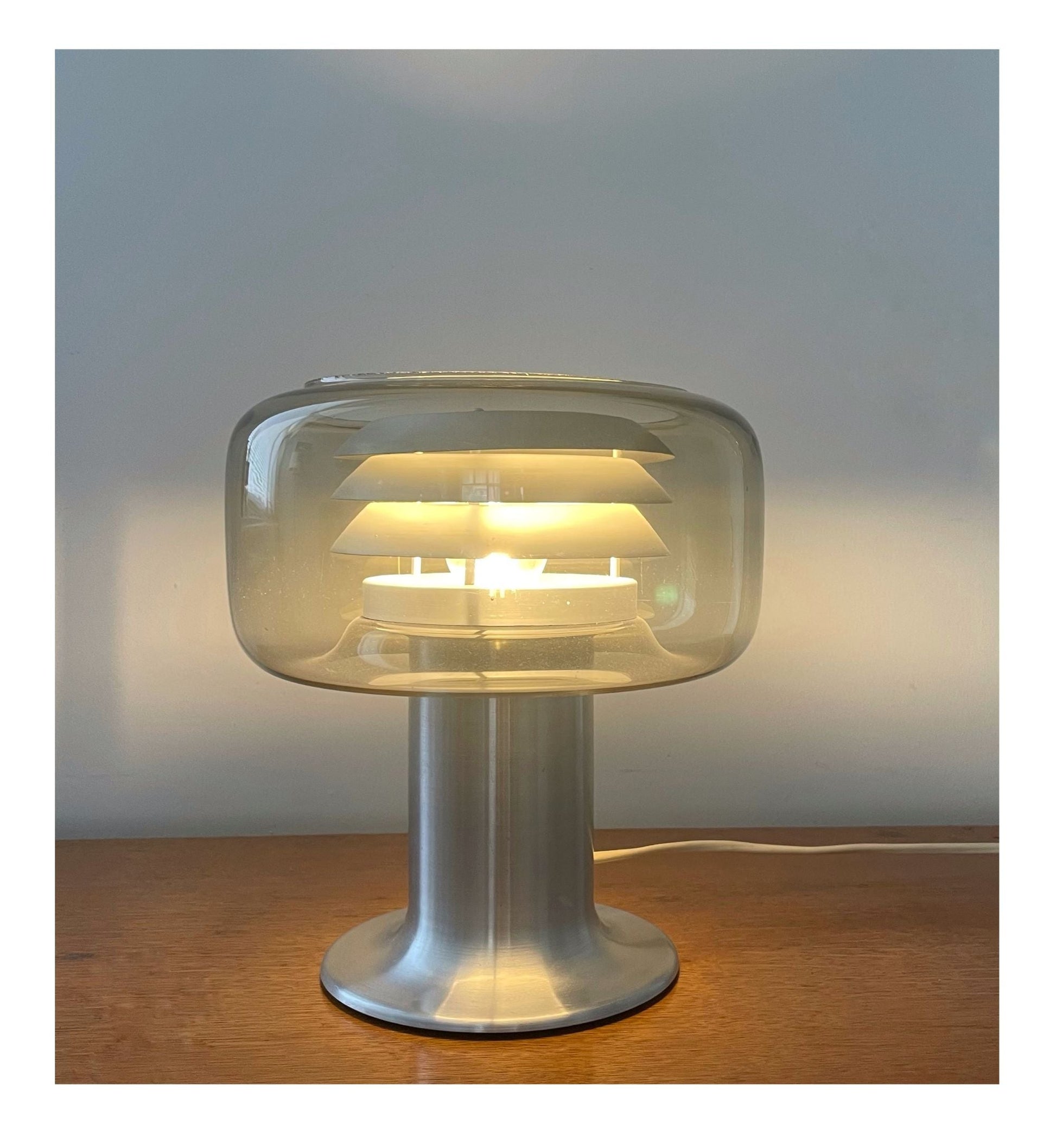 Vintage aluminium table lamp with smoke glass shade by Lakro, The Netherlands, 1960s - COLLECTORS RDAM
