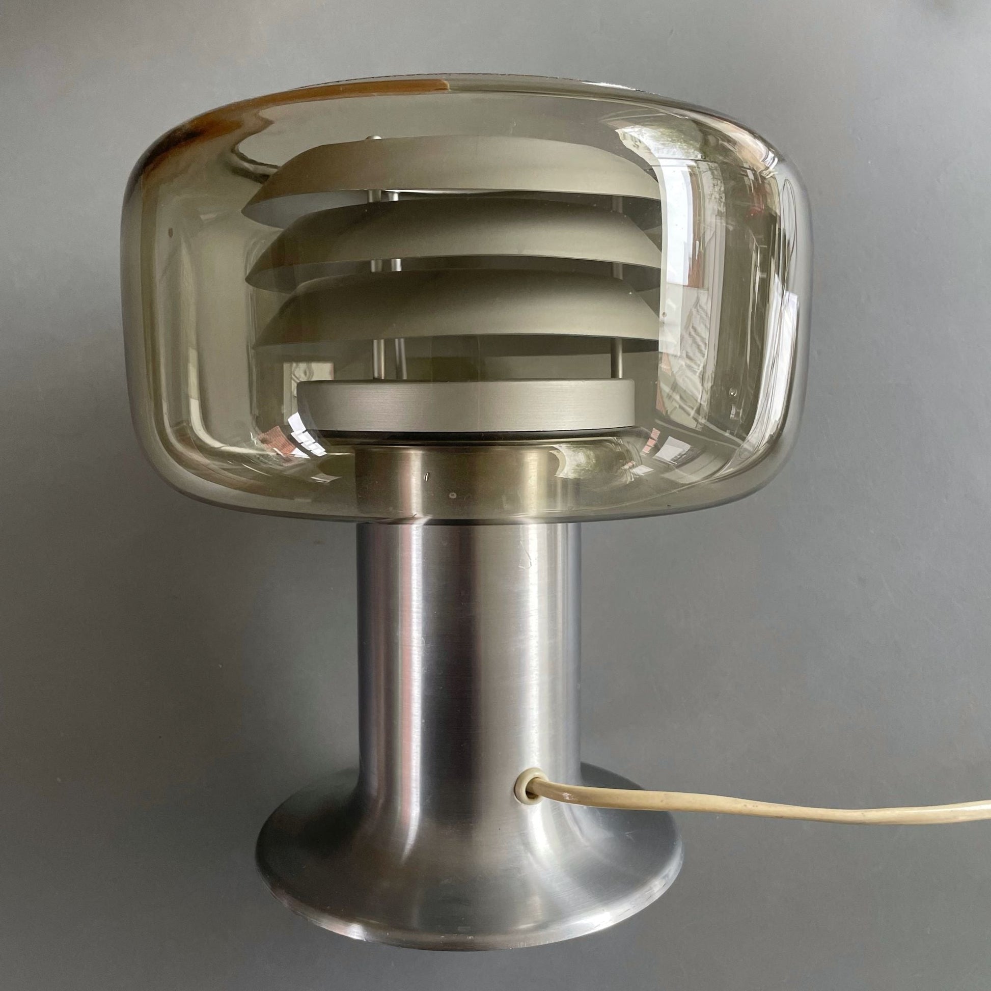 Vintage aluminium table lamp with smoke glass shade by Lakro, The Netherlands, 1960s - COLLECTORS RDAM