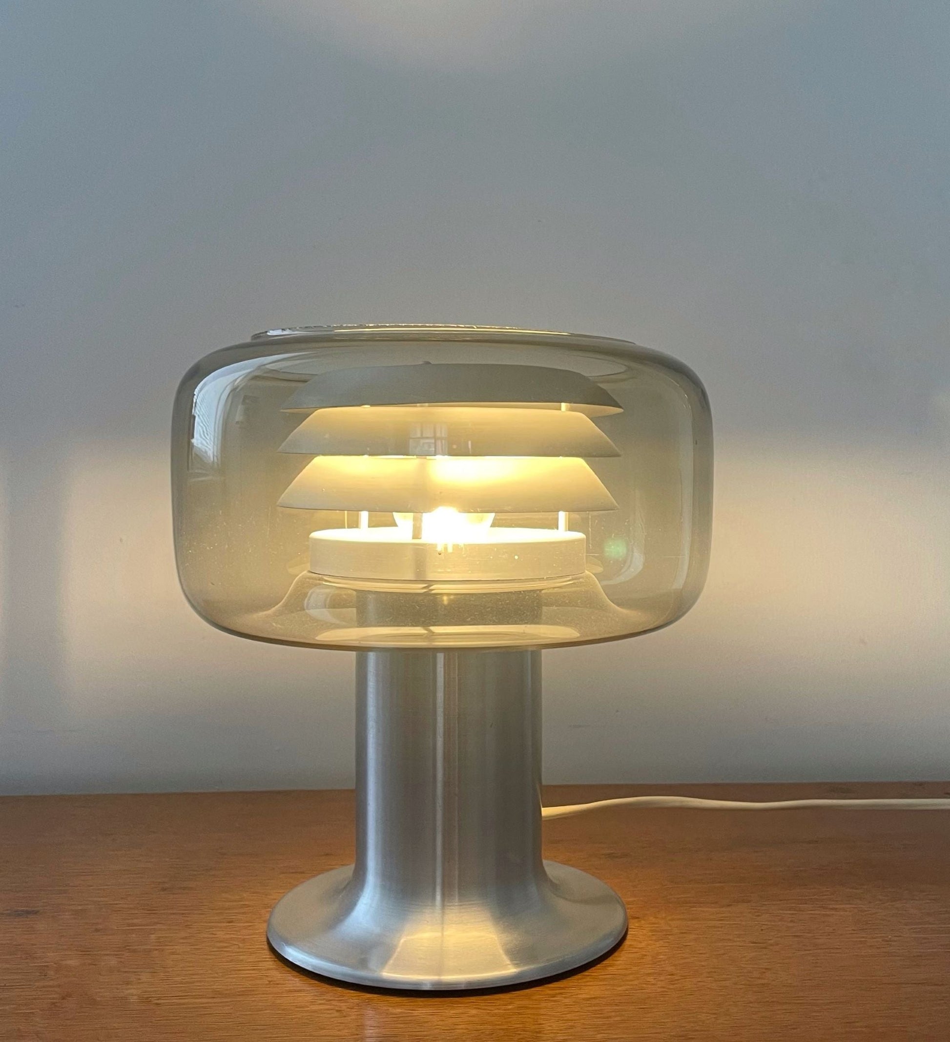 Vintage aluminium table lamp with smoke glass shade by Lakro, The Netherlands, 1960s - COLLECTORS RDAM